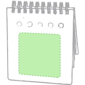 A green sticky notepad with a spiral binding and a blank note area, featuring a logo.