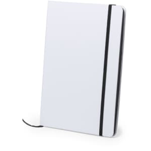 A white notepad with a black elastic band, featuring a simple design and a black ribbon bookmark.