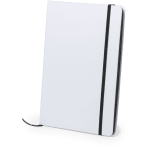 A white notepad with a black elastic band, featuring a smooth cover and a ribbon bookmark.