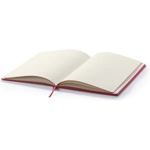 An open notepad with blank pages and a red cover, featuring a ribbon bookmark.