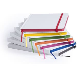 A stack of Kaffol Notepads in various colours with elastic bands, featuring plain white pages and a logo.