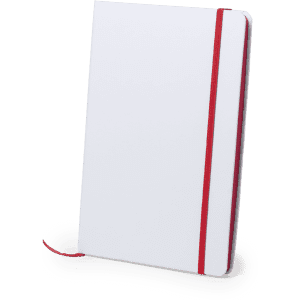 A white notepad with a red elastic band and a ribbon bookmark, featuring a branding logo.