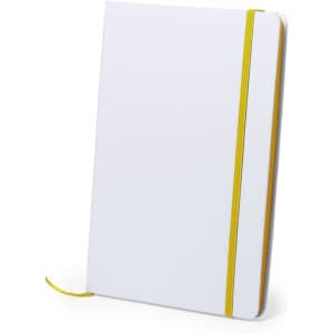 A white notepad with a yellow elastic band and ribbon marker, featuring a plain cover and no visible branding.