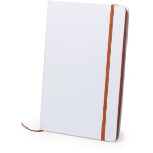 A white notepad with a brown elastic band. It features a simple design and has a branding logo on the cover.