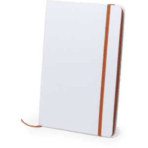 A white notepad with an orange elastic band and a bookmark, suitable for office or business use.
