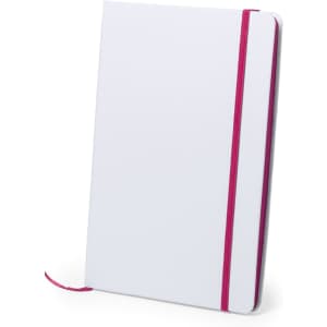 A white notepad with a pink elastic band and ribbon marker, featuring a smooth cover and a simple design.