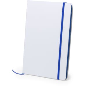 A white notepad with a blue elastic band and bookmark, featuring a simple design and branding logo.