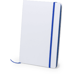 A white notepad with a blue elastic band and a ribbon bookmark, featuring a logo on the cover.