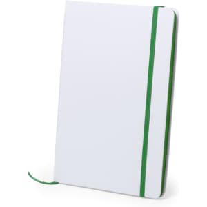 A white notepad with a green elastic band and ribbon bookmark, featuring a logo on the cover.