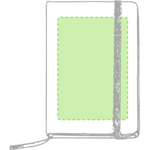 A green notepad with a textured cover and an elastic band closure, featuring a simple logo.