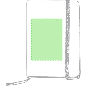 A notepad with a blank green area on the cover and a ribbon bookmark, featuring a simple design and a logo.