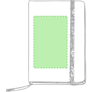 A grey notepad with a green dashed rectangle in the centre and a ribbon bookmark, featuring a logo.