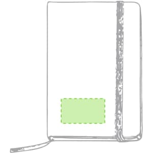 A grey notepad with a green bordered area, featuring a closure strap and an embossed logo.