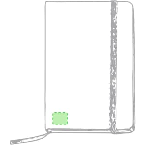 A white notepad with a green accent and an elastic closure, featuring a logo on the bottom.