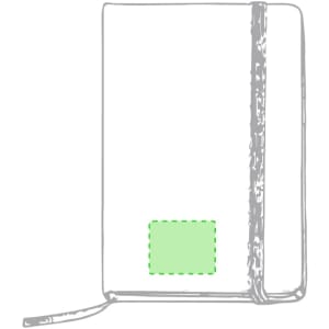 A white notepad with a green square detail and an elastic strap, featuring a logo on the cover.