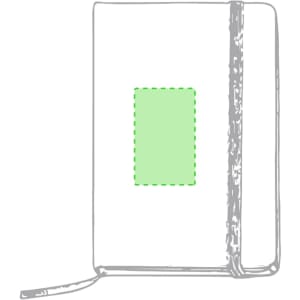 A notepad with a white cover and a green rectangular area, secured with a grey elastic band.