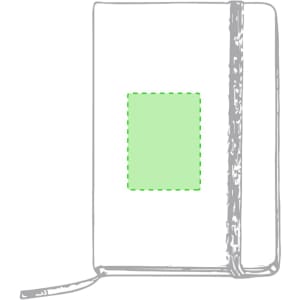 A green and white notepad with a stitched outline and an elastic closure, featuring a logo.