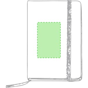 A notepad with a white cover and a green rectangular section, featuring a logo and a ribbon bookmark.