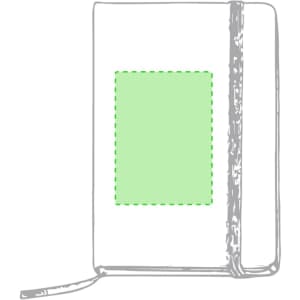 A notepad with a plain cover, featuring a green highlighted area and a ribbon bookmark. It has a logo on the cover.