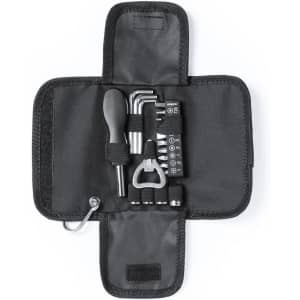 A black tool set featuring various tools, screwdrivers, and hex keys, neatly organised in a foldable case with a logo.