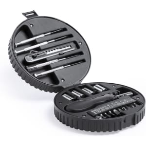 A circular black tool set featuring various tools, including screwdrivers and sockets, neatly arranged in a compact case.