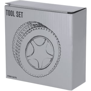 A silver box containing a wheels tool set, featuring a graphic of a tyre on the front. The packaging has a logo.