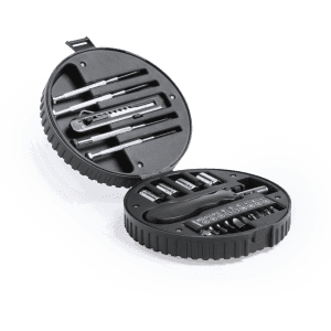 A round black tool set featuring various tools and bit attachments, neatly organised in a compact case.