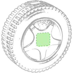 A grey tyre illustration with a green highlighted square in the centre, featuring a patterned rim.