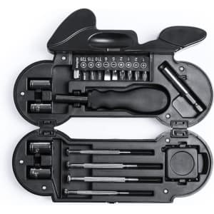 A black tool set featuring various sockets, screwdrivers, and a handle, all contained in a compact case with a logo.