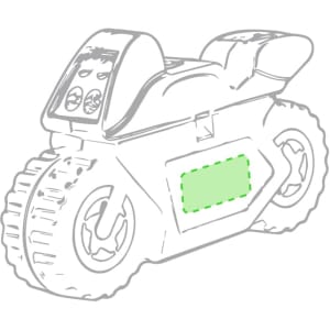 A detailed outline of a motorcycle toy featuring large wheels and a sleek design, awaiting colour fill.