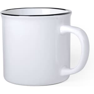 A white coffee mug with a black rim and a sturdy handle, featuring a logo on its surface.