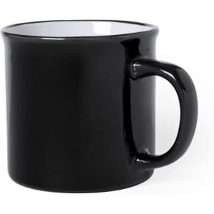 A black coffee mug with a glossy finish and a contrasting white interior, featuring a handle and a simple design.