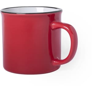 A red ceramic coffee mug with a white interior and a rounded handle. It features a logo on one side.