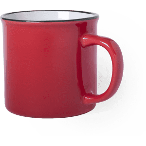 A red coffee mug with a glossy finish and a contrasting white interior. Features a handle and a logo.