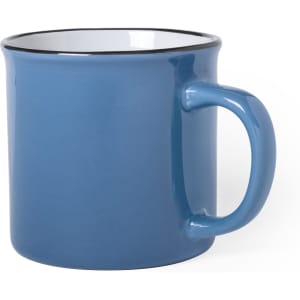 A blue coffee mug with a white interior and a handle, featuring a simple design and a smooth finish.