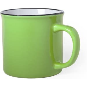 A green coffee mug with a contrasting black rim and a sturdy handle, featuring a logo.