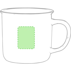 A white ceramic coffee mug with a handle featuring a green area for custom branding or decoration.