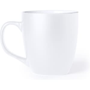 A white coffee mug with a rounded shape and a sturdy handle, featuring a branding logo.