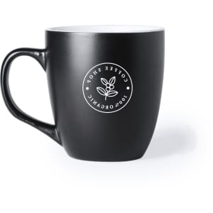 A black coffee mug with a rounded shape and a white interior, featuring a logo on the front.
