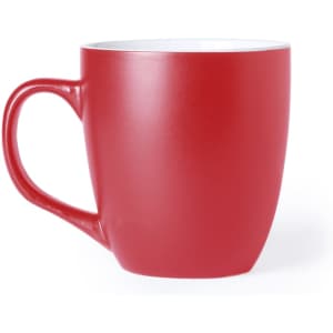 A red coffee mug with a smooth finish and a sturdy handle. It features a white interior and a simple design.