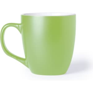 A green coffee mug with a smooth finish and a sturdy handle. It has a white interior and features a logo.