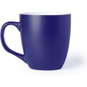 A coffee mug in navy blue with a smooth finish, featuring a handle and a contrasting white interior.