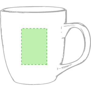 A coffee mug with a green square design area, featuring a handle and an outlined style.