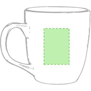 A coffee mug with a curved handle, featuring a blank area for customisation. The mug is plain white with a green outline.