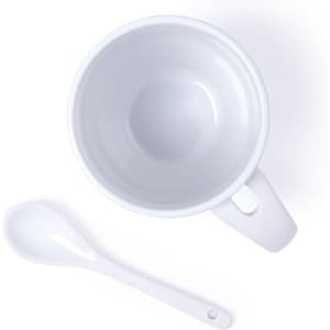 A white ceramic coffee mug with a handle and a matching white spoon. The interior is smooth and glossy.