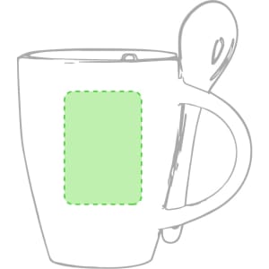 A white coffee mug with a green rectangular area for branding and a spoon attached to the handle.