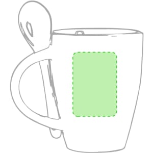 A drink mug in light colour with a spoon attached, featuring a blank area for custom branding.