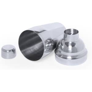 A drink bottle set featuring a shiny stainless steel cocktail shaker with a cap and removable top piece.