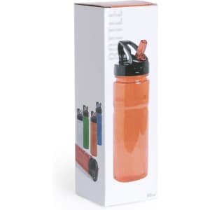 A drink bottle in orange, with a black lid and straw, displayed in a box alongside other coloured bottles.