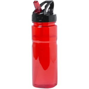 A drink bottle in bright red with a black lid and attached straw, featuring an ergonomic design.